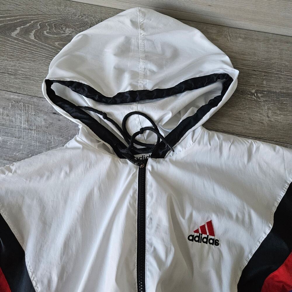 Vintage Adidas‎ Windbreaker Jacket Hooded 90s Colorblock White Black Red Size L - Picture 10 of 16